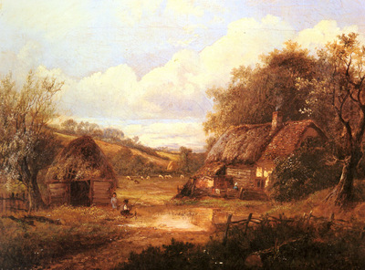 Thors Joseph Landscape With Figures Outside A Thatched Cottage