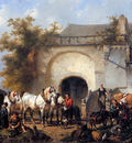 Verschuur Wouterus Horses and figures outside a farmstead Su