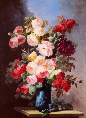Viard Georges A Still Life With Roses And Peonies In A Blue Vase