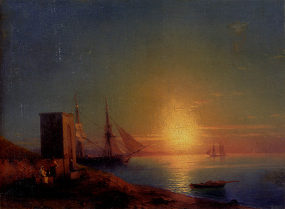 Aivazoffski Ivan Konstantinovich Figures In A Coastal Landscape At Sunset