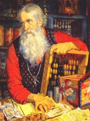 kustodiev merchant old man counting his money