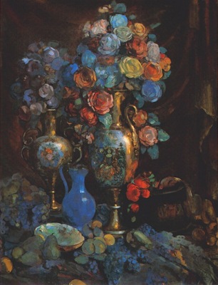 sapunov still life with vase flowers and fruit