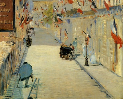 rue mosnier decorated with flags with a man on crutches