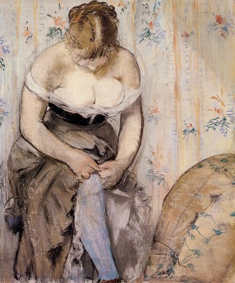 woman fastening her garter 1878