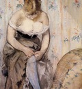 woman fastening her garter 1878