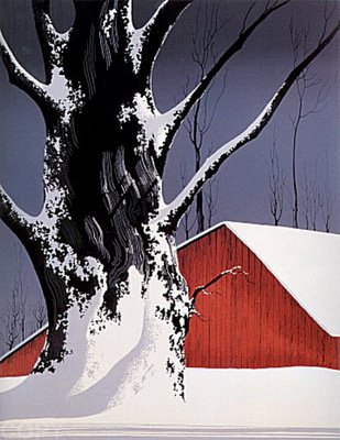 red barn and tree snow