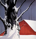 red barn and tree snow
