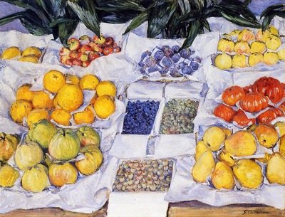fruit displayed on a stand 1881