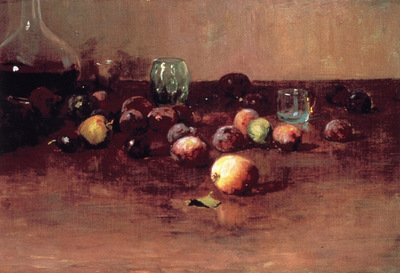 plums waterglass and peaches