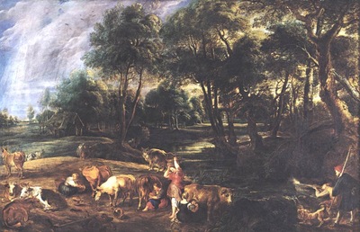 landscape with cows and wildfowlers