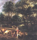 landscape with cows and wildfowlers