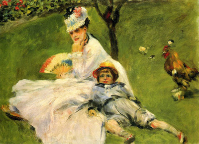 camille monet and her son jean in the garden at argenteuil