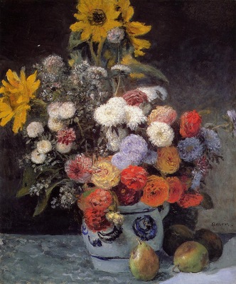 mixed flowers in an earthenware pot