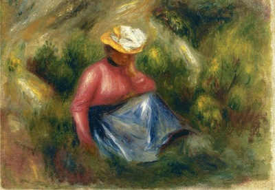 seated young girl with hat