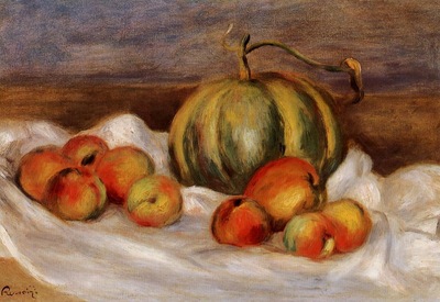 still life with cantalope and peaches