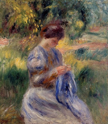 the embroiderer also known as woman embroidering in a garden