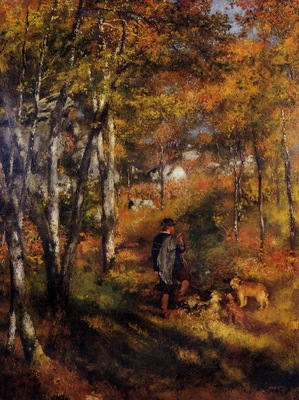 the painter jules le coeur walking his dogs in the forest of fontainebleau