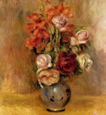 vase of gladiolas and roses