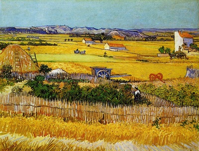 harvest landscape with blue cart