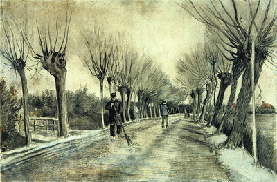 road with pollarded willows and a man with a broom