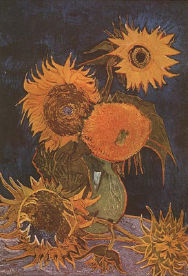 Still Life Vase with Five Sunflowers