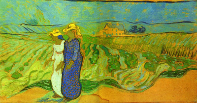 two women crossing the fields