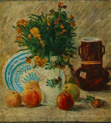 Vase with Flowers Coffeepot and Fruit