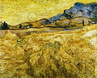 wheat field with reaper and sun