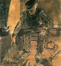 an old man putting dry rice on the hearth