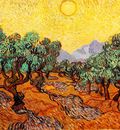 olive trees with yellow sky and sun