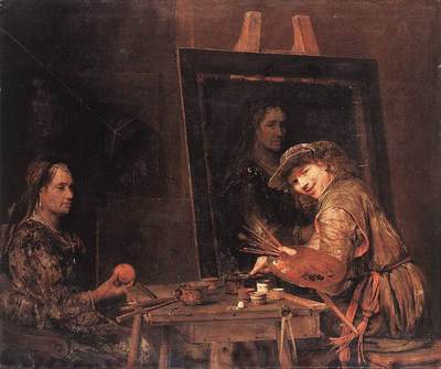 GELDER Aert de Self Portrait At An Easel Painting An Old Woman
