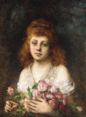 Harlamoff Alexej Auburn haired Beauty with Bouquet of Roses