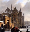 Hove Bartholomeus Johannes Van A Capricio View With Figures Leaving A Church In Winter