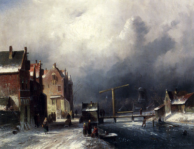 Leickert Charles Henri Joseph Figures In A Dutch Town By A Frozen Canal