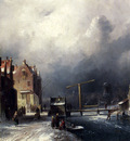 Leickert Charles Henri Joseph Figures In A Dutch Town By A Frozen Canal
