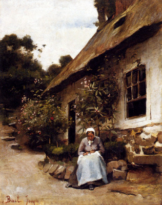 Bail Joseph Woman Sewing In Front Of Her Cottage