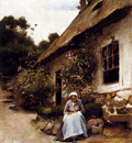 Bail Joseph Woman Sewing In Front Of Her Cottage