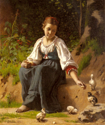 Delobbe Francois Alfred A Young Girl Feeding Baby Chicks