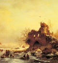Kruseman Frederik Marianus Winter Landscape With Skaters On A Frozen River Beside Castle Ruins