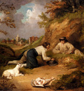 Morland George Two Men Hunting Rabbits With Their Dog A Village Beyond