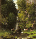 Courbet Gustave A Family Of Deer In A Landscape With A Waterfall
