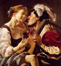 Terbrugghen Hendrick A Luteplayer Carousing With A Young Woman Holding A Roemer