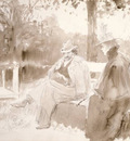 Repin Ksenian ja Nedrovin tapaaminen puistossa Nevan saarilla