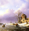 Spohler Jan Jacob Winter landscape With Figures On A Frozen River
