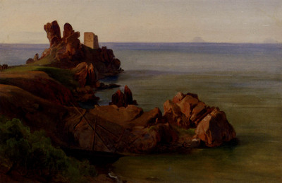 Gibert Jean Baptiste Adolphe A Rocky Outcrop With A Moored Boat And Ruined Watchtower Cefalu