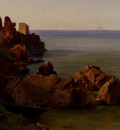 Gibert Jean Baptiste Adolphe A Rocky Outcrop With A Moored Boat And Ruined Watchtower Cefalu