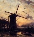 Jongkind Johan Berthold Boatman by a Windmill at Sundown