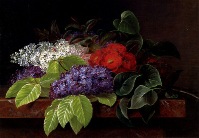 Jensen Johan Laurentz White And Purple Lilacs Camellia And Beech Leaves On A Marble Ledge