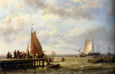 Hermanus Koekkoek Provisioning a Tall Ship at Anchor