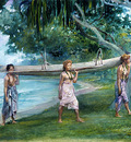 La Farge John Girls Carrying A Canoe Vaiala In Samoa